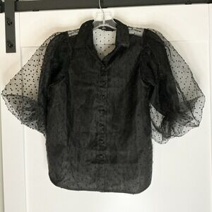 Iky & Me Button Up Sheer Black Polka Dot‎ Blouse Puff Sleeve Size Small